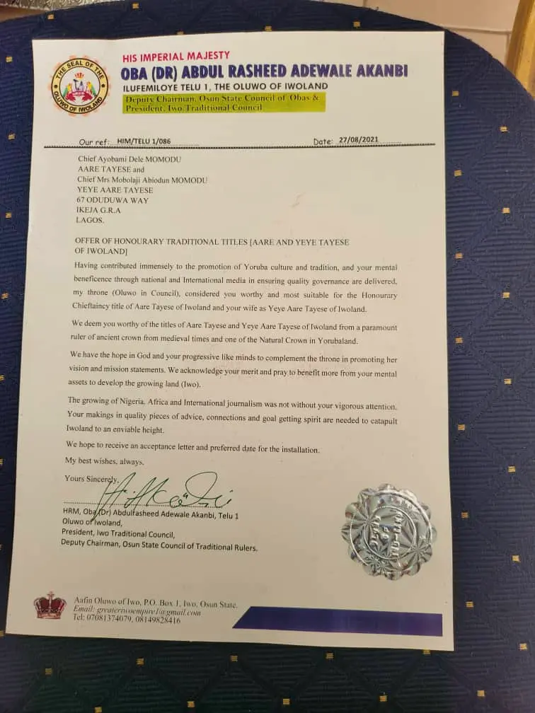 Oluwo of Iwo to confer chieftaincy title on Dele Momodu and wife