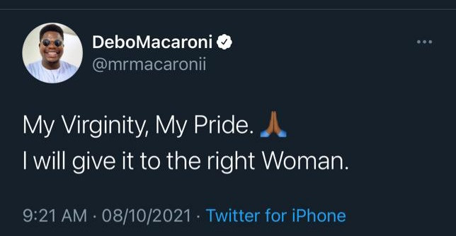 Mr Macaroni hints he is a virgin