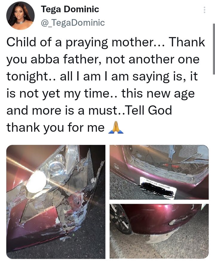 BBNaija's Tega Dominic escapes death in car accident 1 BBNaija's Tega Dominic escapes death in car accident