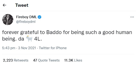 I'm forever grateful to you, Fireboy thanks Olamide