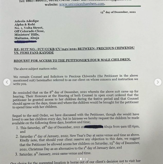 Precious Chikwendu shares pictures of the letter her lawyer sent to Femi Fani-Kayode asking to see her children three times during the festive season.