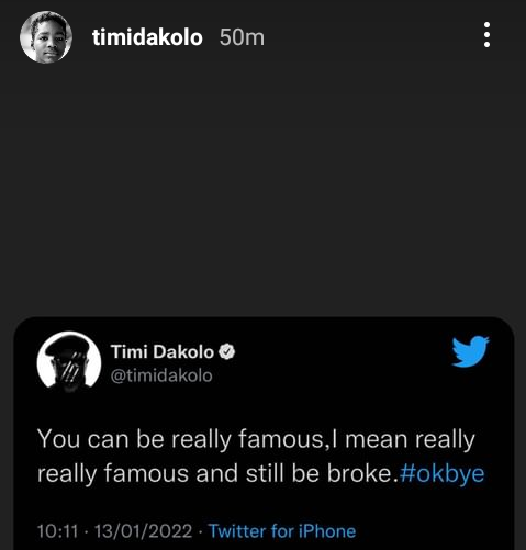 Timi Dakolo hints on celebrities being really famous and broke