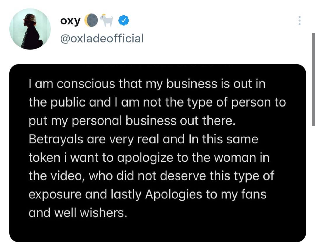 s3x tape: Singer Oxlade apologises to lady, fans