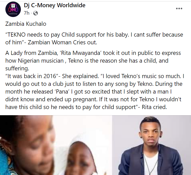 Zambian woman demands child support from Tekno after claiming his song made her pregnant