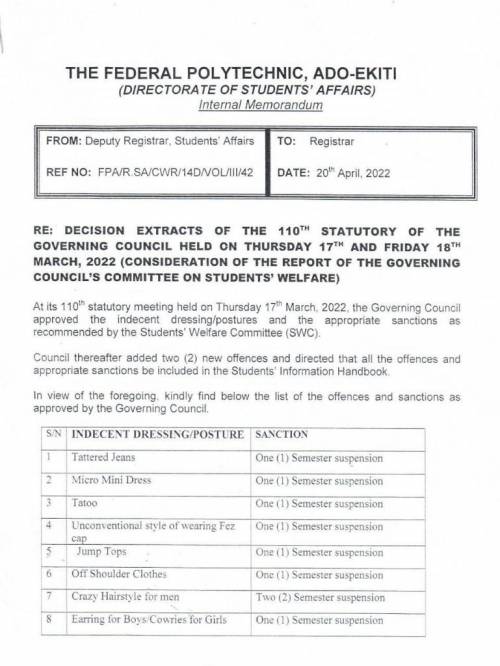 Ekiti polytechnic To Suspend Students With Car, Tattoo, Coloured Hair, Dreadlocks, Intimate Hugging And Even Babies 1 U2