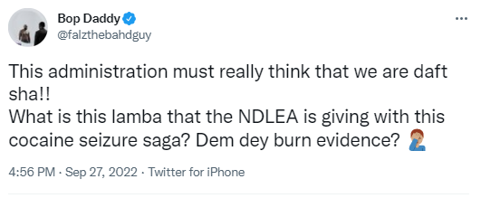 Falz Faults NDLEA Burning cocaine Worth N194bn