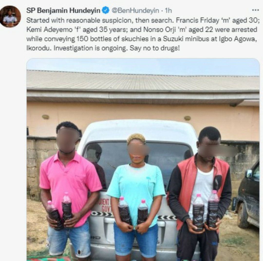  Lagos Police Arrest Three, Recover 150 ‘Skuchies’ Bottles