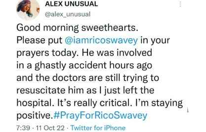  BBNaija’s Rico Swavey Involved In Ghastly Accident