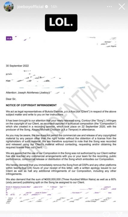 Joeboy Dares Asa Over N300M Copyright Infringement Notice